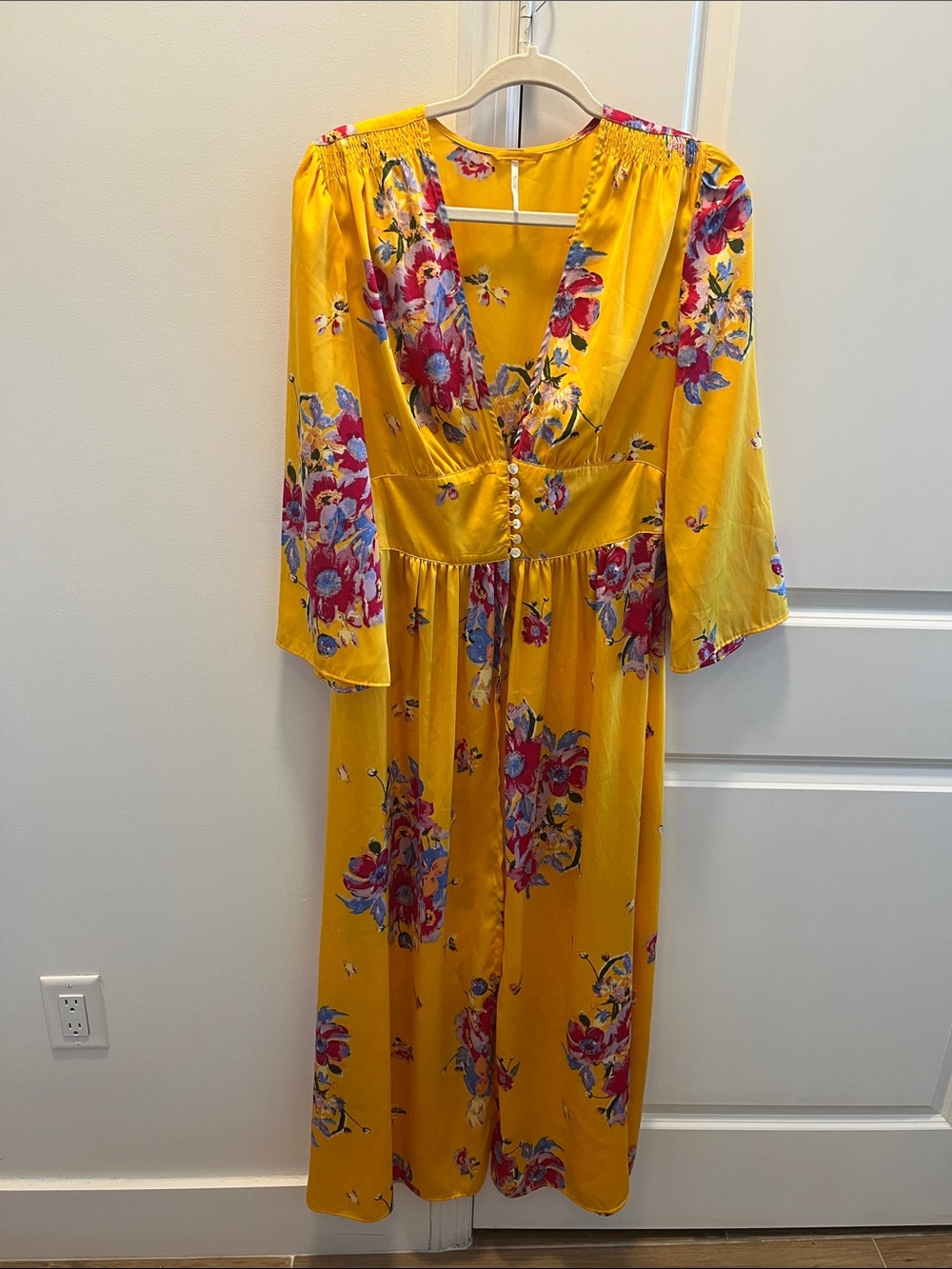 Free People Yellow Floral V-Neck Midi Dress with Pearl Buttons